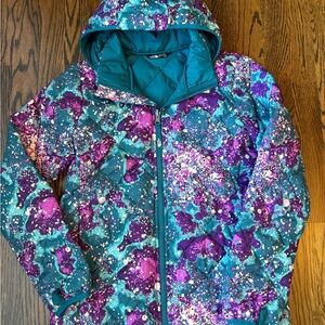 The North Face Girls Hooded Puffer Jacket Teal & Purple Paint Splatter 14/16 L